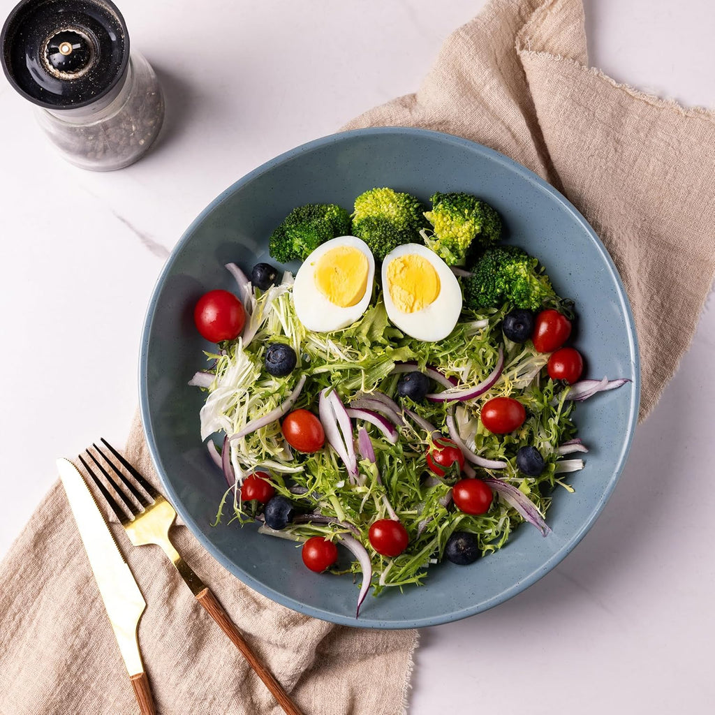 AmorArc 9.5'' Ceramic Large Pasta Bowls, 38oz Handpainted Stoneware Bowls Set of 4, Microwave&Dishwasher Safe Bowls with Wavy Rim&Rustic Terracotta Underside for Fruit Pasta Salad, Stone Blue