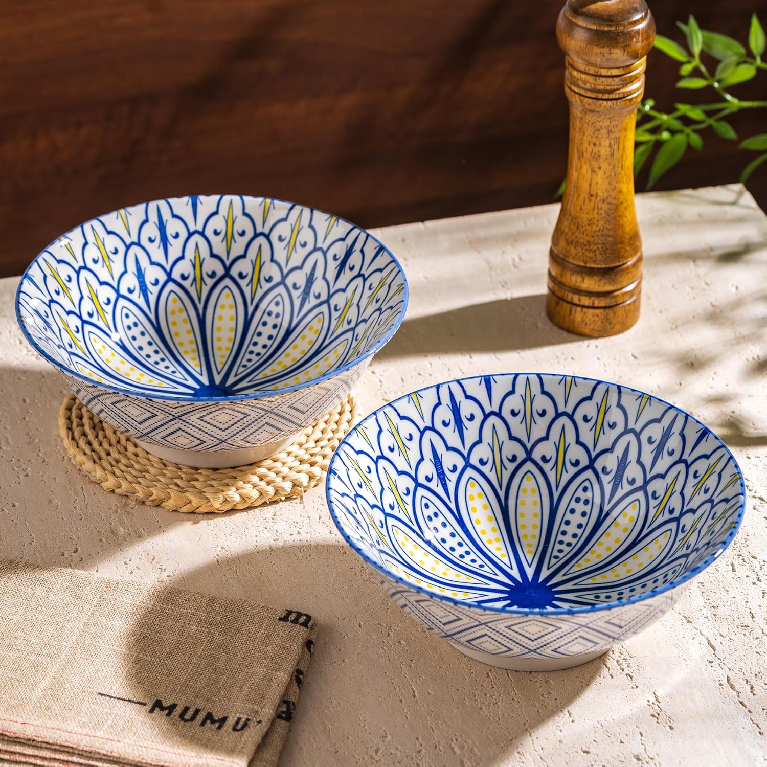 Ceramic Serving Bowls 8 Inch Set of 2, Large Bowls for Pasta Soup Fruit Ramen Cereal, Dinner, Salad, Oatmeal, Microwave & Dishware Safe, Colorful Bohemian Style