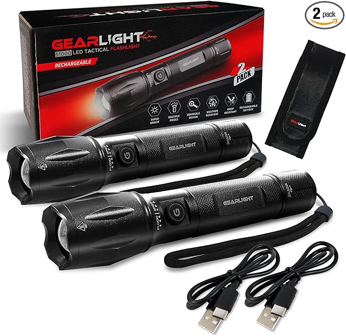 GearLight S1000 Rechargeable LED Tactical Flashlight – 2 Pack, High Lumens, USB-C Fast Charging, Dual-Button, IPX4 Water-Resistant, Pocket-Sized for Camping & Emergencies, with Batteries & Accessories