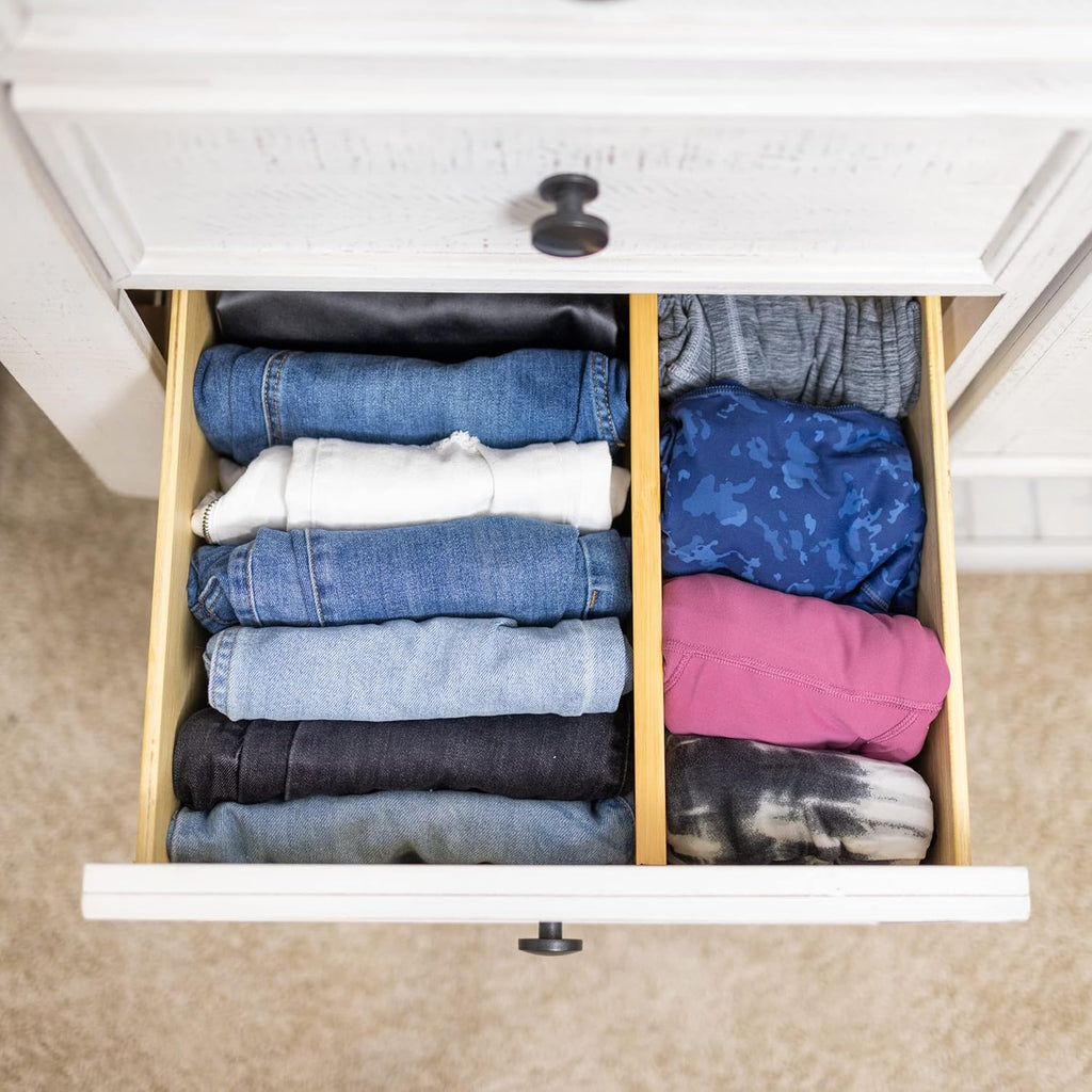 Fabsome Drawer Divider 6 Pack, Bamboo Kitchen Dividers Organizers Adjustable 17''-22'', Wooden Dresser Separators for Nursery Organization Clothes Socks Underwear Baby Clothing, with Soft Foam Ends