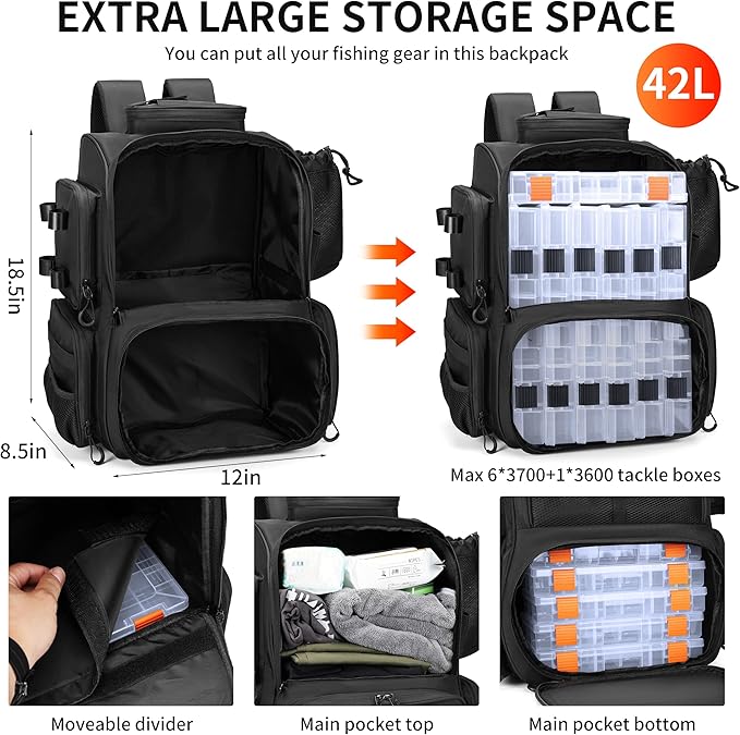 Rabjen Fishing Tackle Backpack with Rod Holders, Bottle Holder, Storage Bag Store Fishing Gear