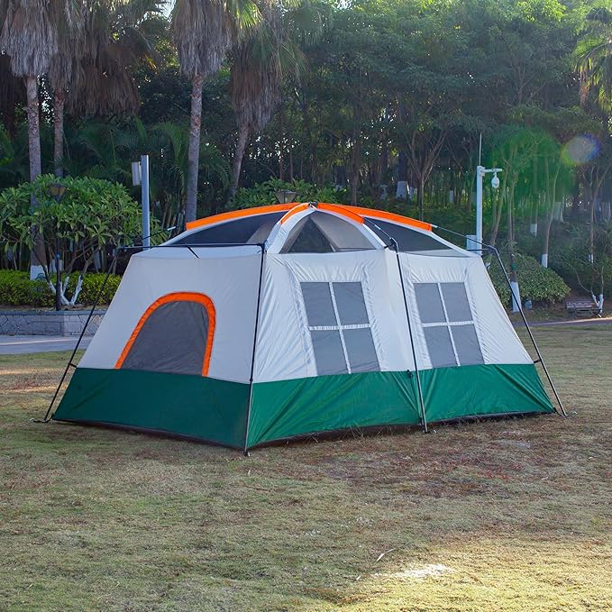 KTT Extra Large Tent 10-12-14 Person(A),Family Cabin Tents,2 Rooms,3 Doors and 3 Windows with Mesh,Straight Wall,Waterproof,Double Layer,Big Tent for Outdoor,Picnic,Camping,Family Gathering