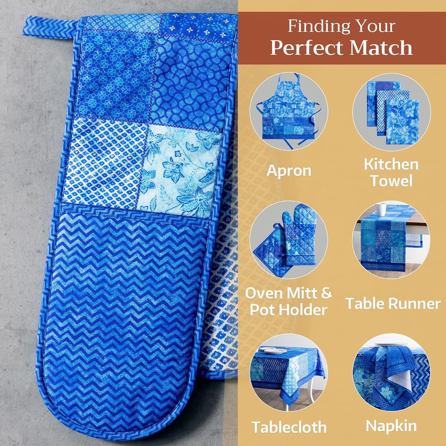 Maison d' Hermine Double Oven Mitts 100% Cotton 7"x35" Double Oven Mitt Heat Resistant BBQ Cooking Gloves with Loop, Baking, Grilling, Home, Kitchen, Handling Hot Pans Spring Summer (Indigo Love)