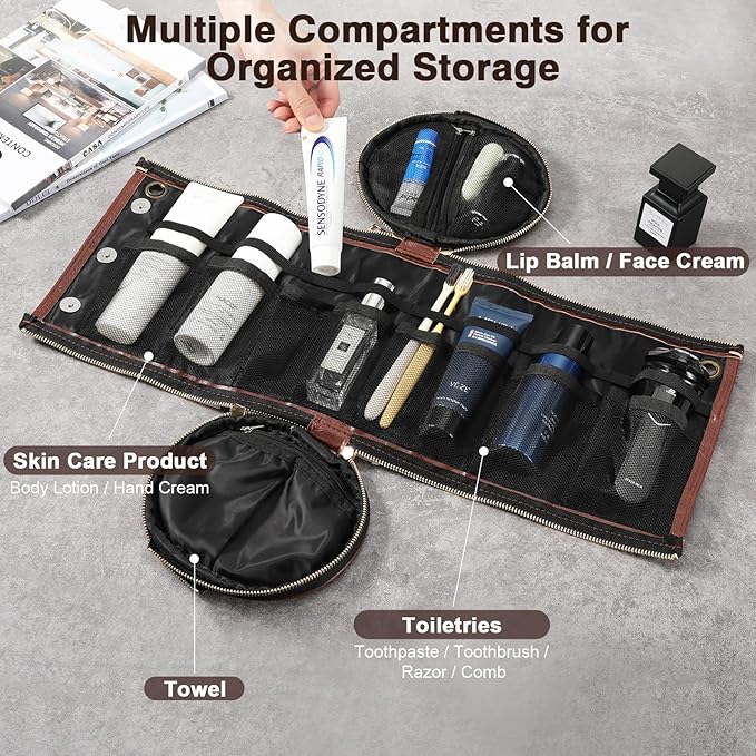 Luxspire Toiletry Bag for Men, Travel Toiletry Organizer Dopp Kit, PU Leather Water-resistant Shaving Bag for Toiletries Accessories, Gift for Mens, Brown