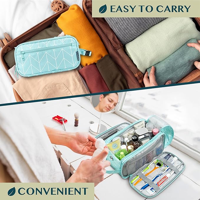 PAVILIA Toiletry Bag for Men Women, Mens Travel Bag Toiletries Organizer Case for Grooming, Travel Essentials Shaving Dopp Kit, PU Leather Water Resistant Cosmetic Pouch, Teal Chevron