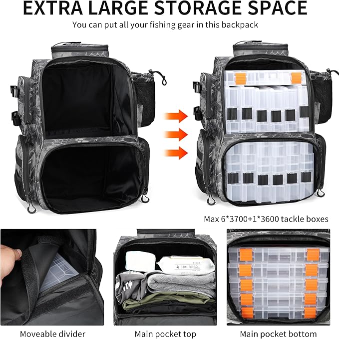 Rabjen Fishing Tackle Backpack with Rod Holders, Bottle Holder, Storage Bag Store Fishing Gear