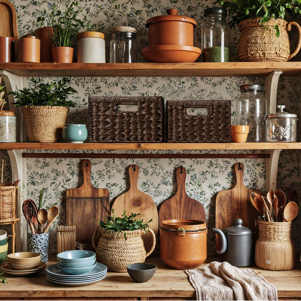 GRANNY SAYS Wicker Baskets for Organizing, Storage Basket for Shelves, Square Shelf Baskets with Handles, Waterproof Woven Basket for Living Room, Baskets for Entryway, Brown