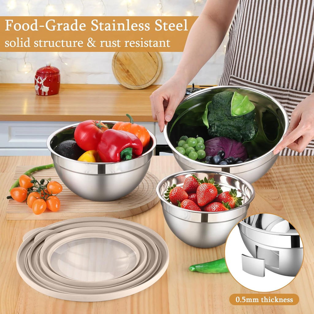 LIANYU Mixing Bowls with Visible Airtight Lids, 3Pcs Stainless Steel Large Metal Nesting Kitchen Bowls Set, 4.6 & 3 & 1.5QT Size Ideal for Mixing, Baking, Serving, Dishwasher & Freezer Safe, Khaki