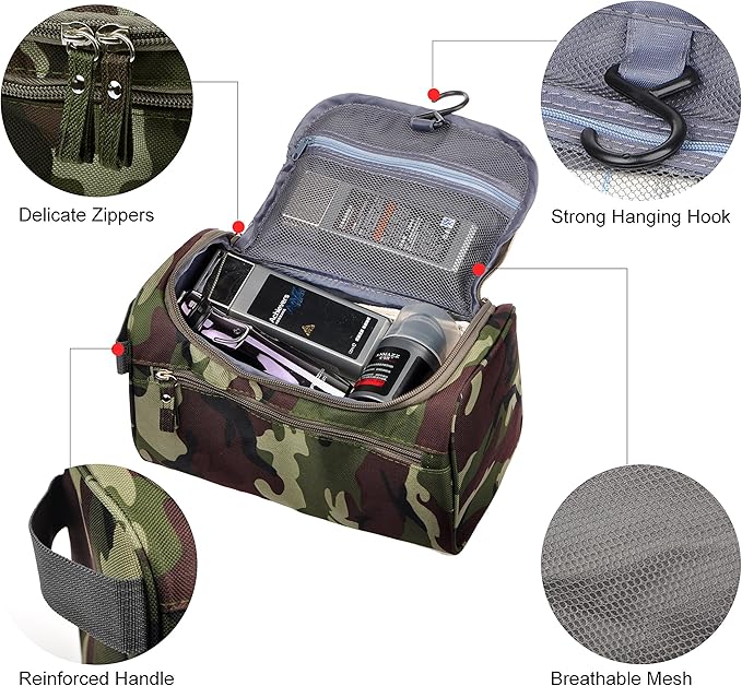 Vercord Mens Toiletry Bag Wash Travel Small Shaving Dop Kit Shower Bathroom Ditty Hygiene Bag Camo Dark Green
