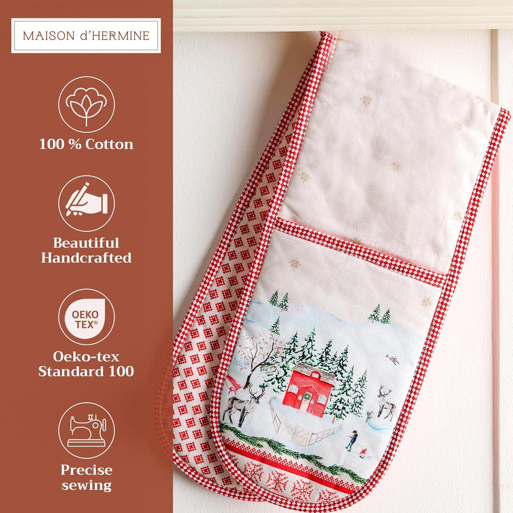 Maison d' Hermine Double Oven Mitts 100% Cotton 7"x35" Double Oven Mitt Heat Resistant BBQ Cooking Gloves with Loop, Baking, Grilling, Home, Kitchen, Handling Hot Pans (Rural Christmas)
