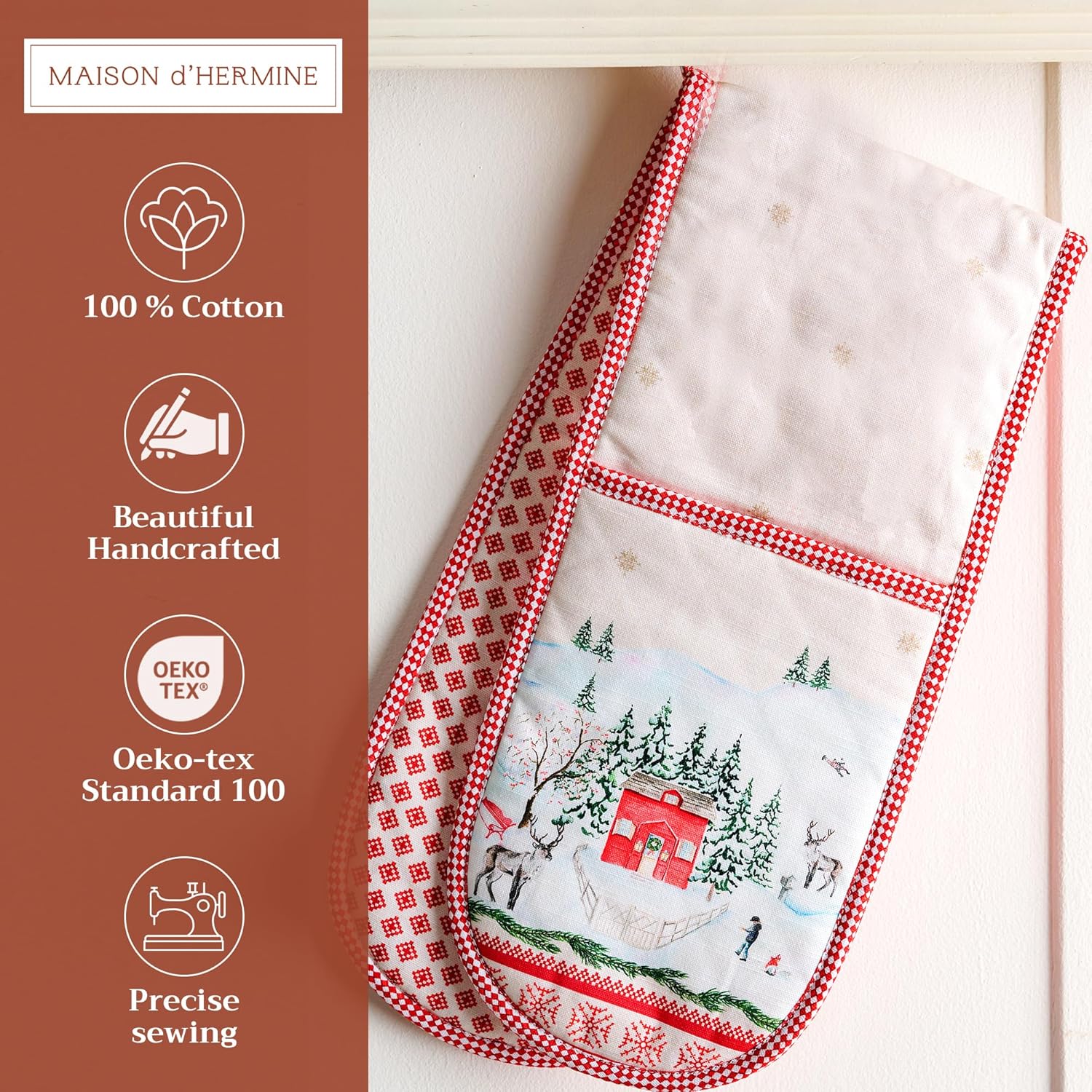 Maison d' Hermine Double Oven Mitts 100% Cotton 7"x35" Double Oven Mitt Heat Resistant BBQ Cooking Gloves with Loop, Baking, Grilling, Home, Kitchen, Handling Hot Pans (Rural Christmas)