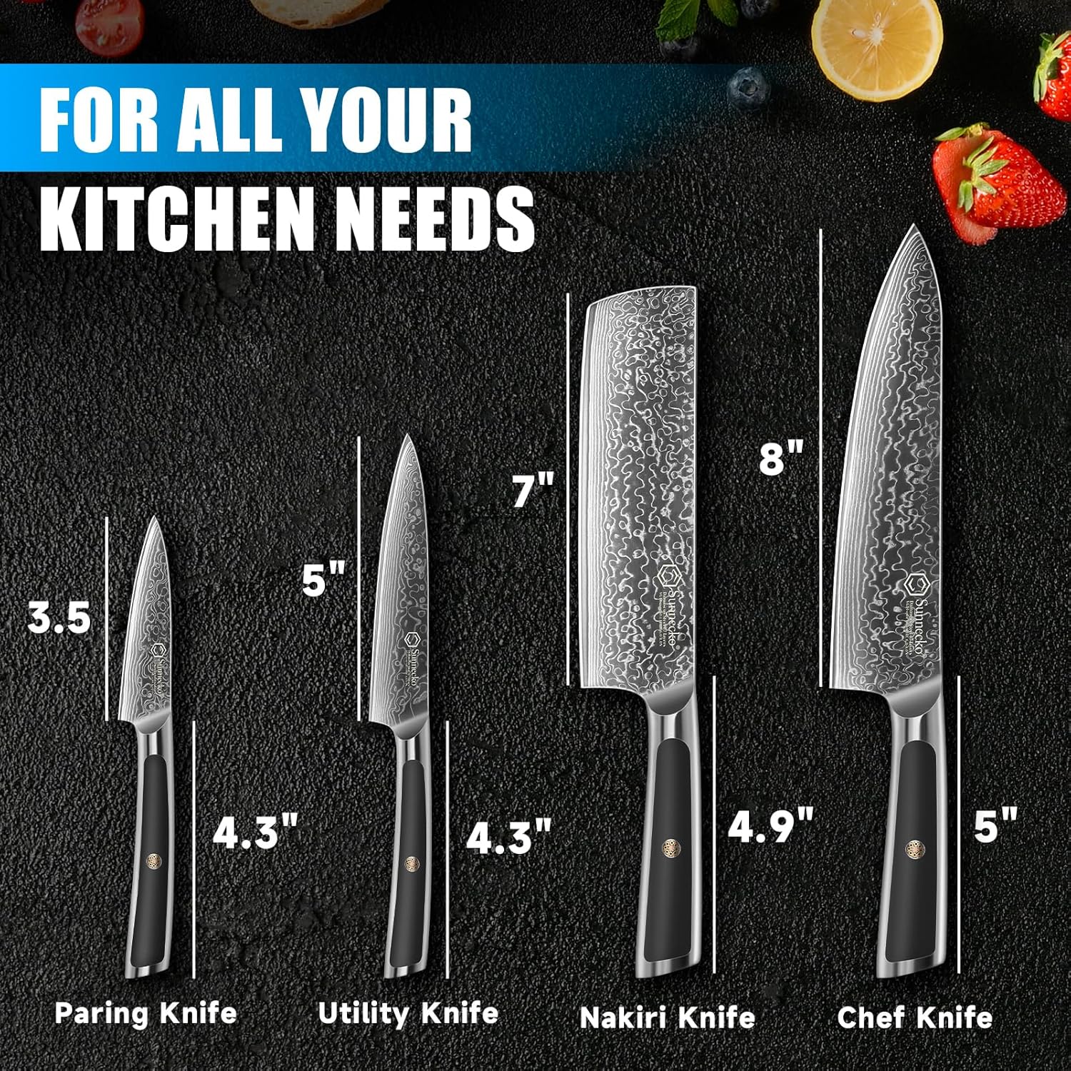 Sunnecko Damascus Kitchen Knife Set 4 Piece Chef Knife Set Professional, Sharp Kitchen Knives Set Full Tang, Gift Box