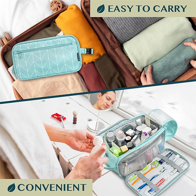 PAVILIA Large Toiletry Bag for Men Women, Mens Travel Bag Toiletries Organizer Case for Grooming, Travel Essentials Shaving Dopp Kit, PU Leather Water Resistant Cosmetic Pouch, Teal Chevron