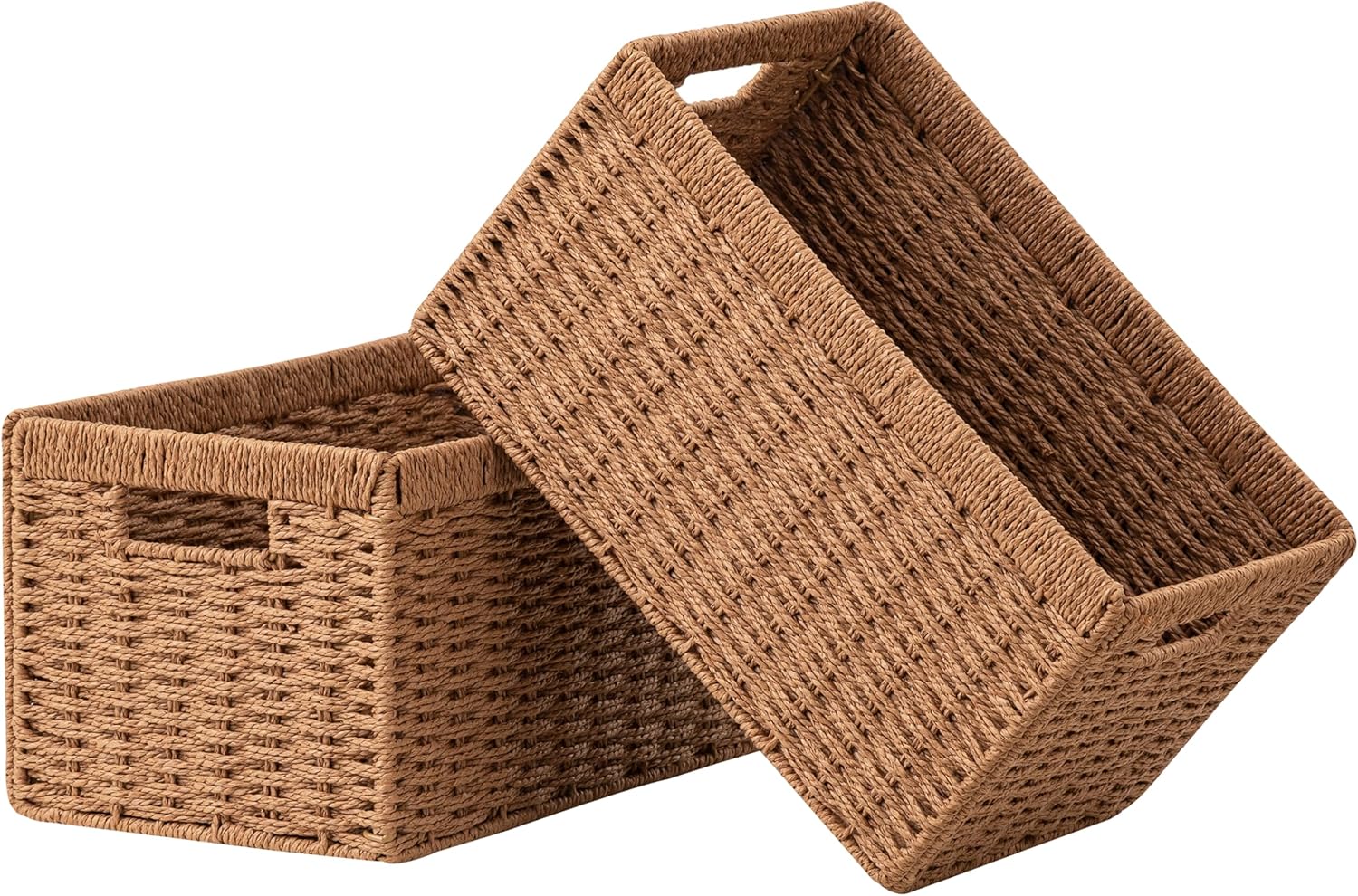 UBBCARE 2 Pack Wicker Basket, 13.4L×8.3H×7.1W inch Woven Paper Rope Storage Baskets for shelves, Foldable Rectangular Storage Baskets with Handle, Storage Basket for Organizing, Caramel