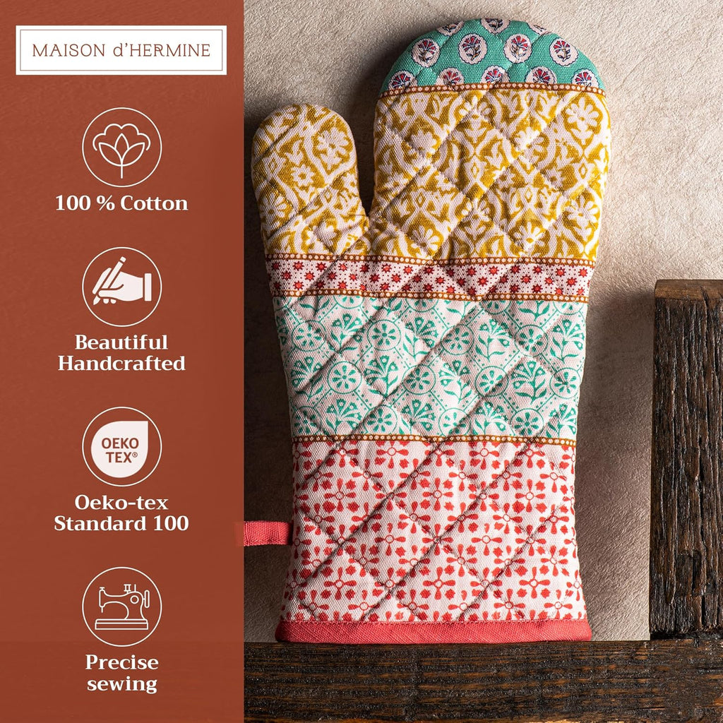 Maison d' Hermine Oven Gloves 100% Cotton Oven Mitt 7" x 13" with Loop Heat Resistant, BBQ, Cooking Gloves, Baking, Grilling, Kitchen, Handling Hot Pans Spring/Summer (Pack of 1, Provence)