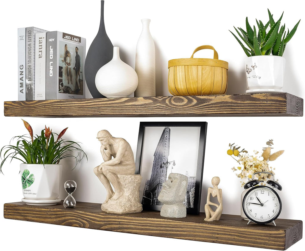 Distressed Floating Shelves 36 inch Long Set of 2,8 inch deep Solid Wood Wall Mounted Shelves for Living Room Kitchen,Book Shelf for Wall with Hidden Bracket- Distressed Black Walnut