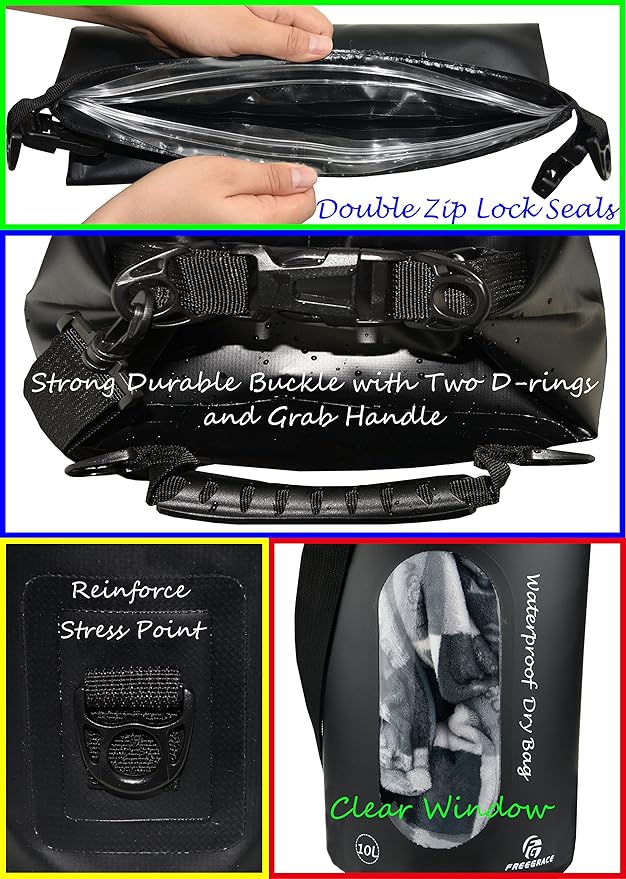 Waterproof Dry Bags Set of 3 Dry Bag with 2 Zip Lock Seals & Detachable Shoulder Strap, Waist Pouch & Phone Case - Can Be Submerged Into Water - for Swimming (Black(Window), 20L)