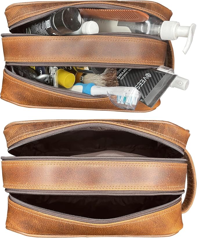 RUSTIC TOWN Leather Toiletry Bag for Men - Travel Shaving Dopp Kit - Bathroom Shower Toiletries Organizer - Leather Cosmetic Bag for Women (Antique Brown)
