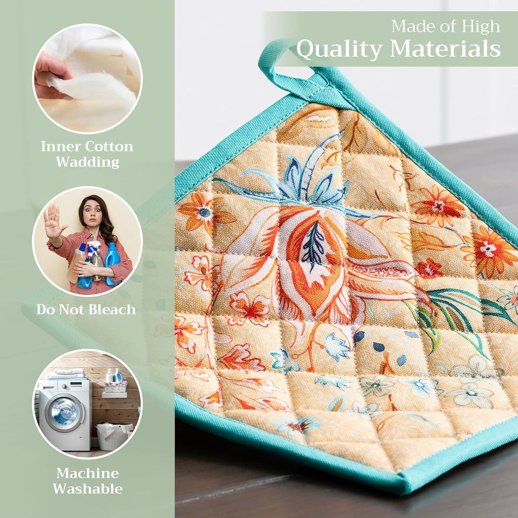 Maison d' Hermine Pot Holders 100% Cotton Heat Resistant Potholders 8" x 8" Hot Pads with Loop BBQ, Cooking, Baking, Grilling, Kitchen, Handling Hot Pans Spring/Summer (Pack of 1, Luxury Loft – Peach)