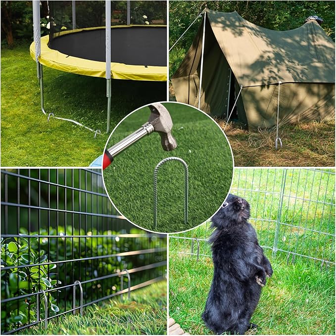 CEWOR 6 Pack 12 Inch Rebar Stakes, U Hook Galvanized Trampoline Stakes High Wind Ground Anchors for Camping Tent, Chain Link Fence, Heavy Duty Metal Steel Yard Landscape Garden Staples