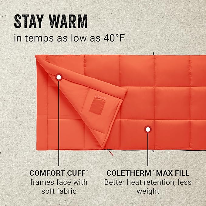 Coleman Kompact Cool-Weather Sleeping Bag, 20°F/30°F/40°F Adult Sleeping Bag with Heat Retention, Stuff Sack, & Snag-Free Zipper