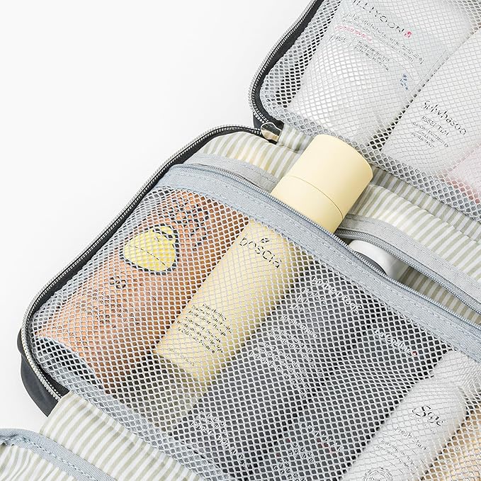 PAVILIA Hanging Toiletry Bag Travel Bag Women Men, Foldable Cosmetic Organizer, Roll up Makeup Bag, Water Resistant Accessories Toiletries, Large Travel Essentials Kit (Black Gold)