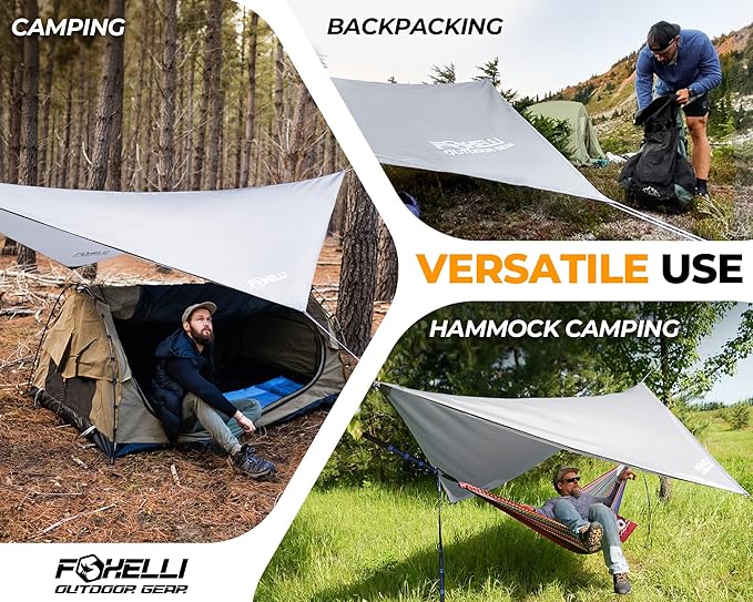 Foxelli Hammock Rain Fly - Waterproof Lightweight Tent & Hammock Rain Tarp for Camping, Backpacking w/Easy Setup Including Extra Long Guy Lines & Stakes