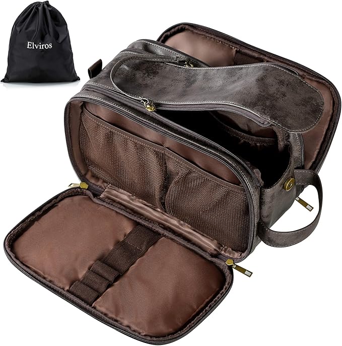 Elviros Toiletry Bag for Men, Large Travel Shaving Dopp Kit Water-resistant Bathroom Toiletries Organizer PU Leather Cosmetic Bags