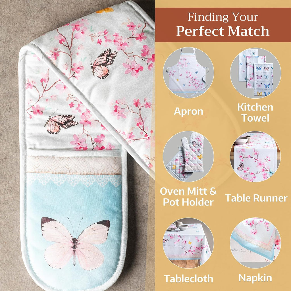 Maison d' Hermine Double Oven Mitts 100% Cotton 7"x35" Double Oven Mitt Heat Resistant BBQ Cooking Gloves with Loop, Baking, Grilling, Kitchen, Handling Hot Pans Spring Summer (Blossoms in Spring)