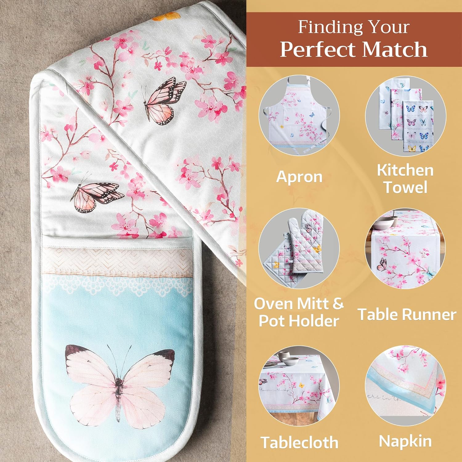 Maison d' Hermine Double Oven Mitts 100% Cotton 7"x35" Double Oven Mitt Heat Resistant BBQ Cooking Gloves with Loop, Baking, Grilling, Kitchen, Handling Hot Pans Spring Summer (Blossoms in Spring)