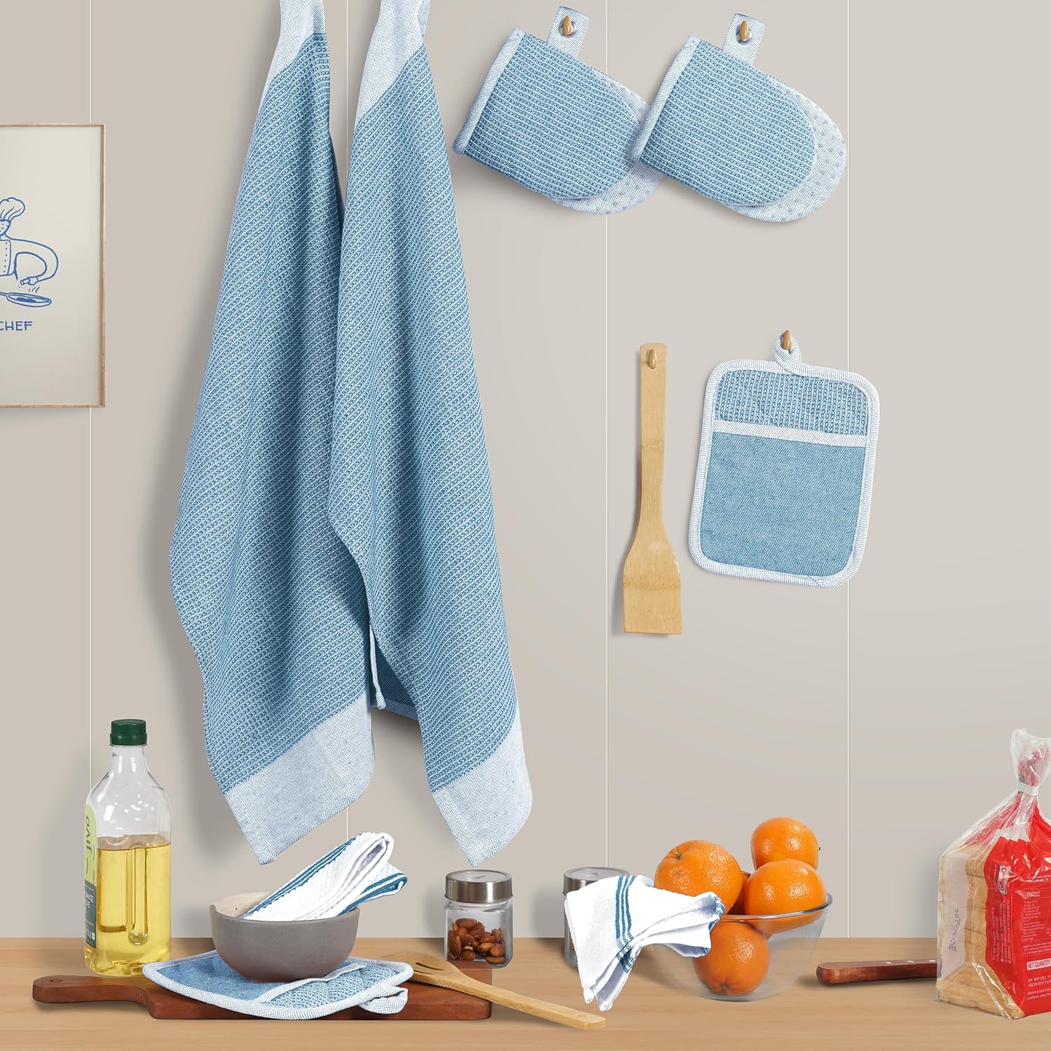 Casa Platino Silicone Oven Mitts Set, 8-Piece – 500°F Heat Resistant Mini Oven Mitt Set, Potholders for Kitchens, 2 Kitchen Towels & 2 Dish Cloths – Durable, Non-Slip & Machine Washable – Cornflower