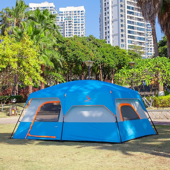 KTT Extra Large Tent 10-12-14 Person(A),Family Cabin Tents,2 Rooms,3 Doors and 3 Windows with Mesh,Straight Wall,Waterproof,Double Layer,Big Tent for Outdoor,Picnic,Camping,Family Gathering