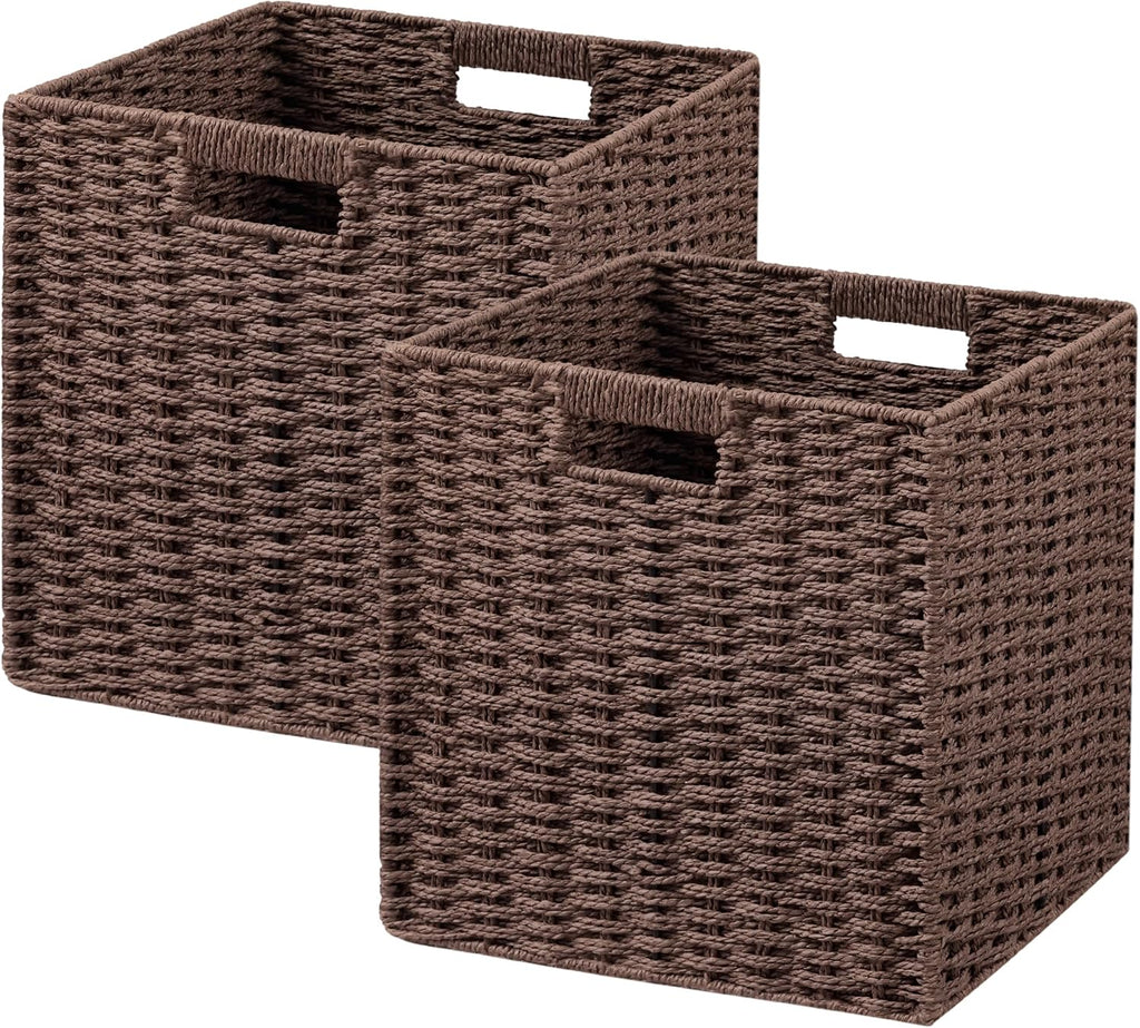 UBBCARE 2 Pack Wicker Basket, 11L×11H×10.5W inch Woven Paper Rope Storage Baskets for shelves, Foldable Cube Storage bin with Handle, Storage Basket for Organizing & Decor, Brown