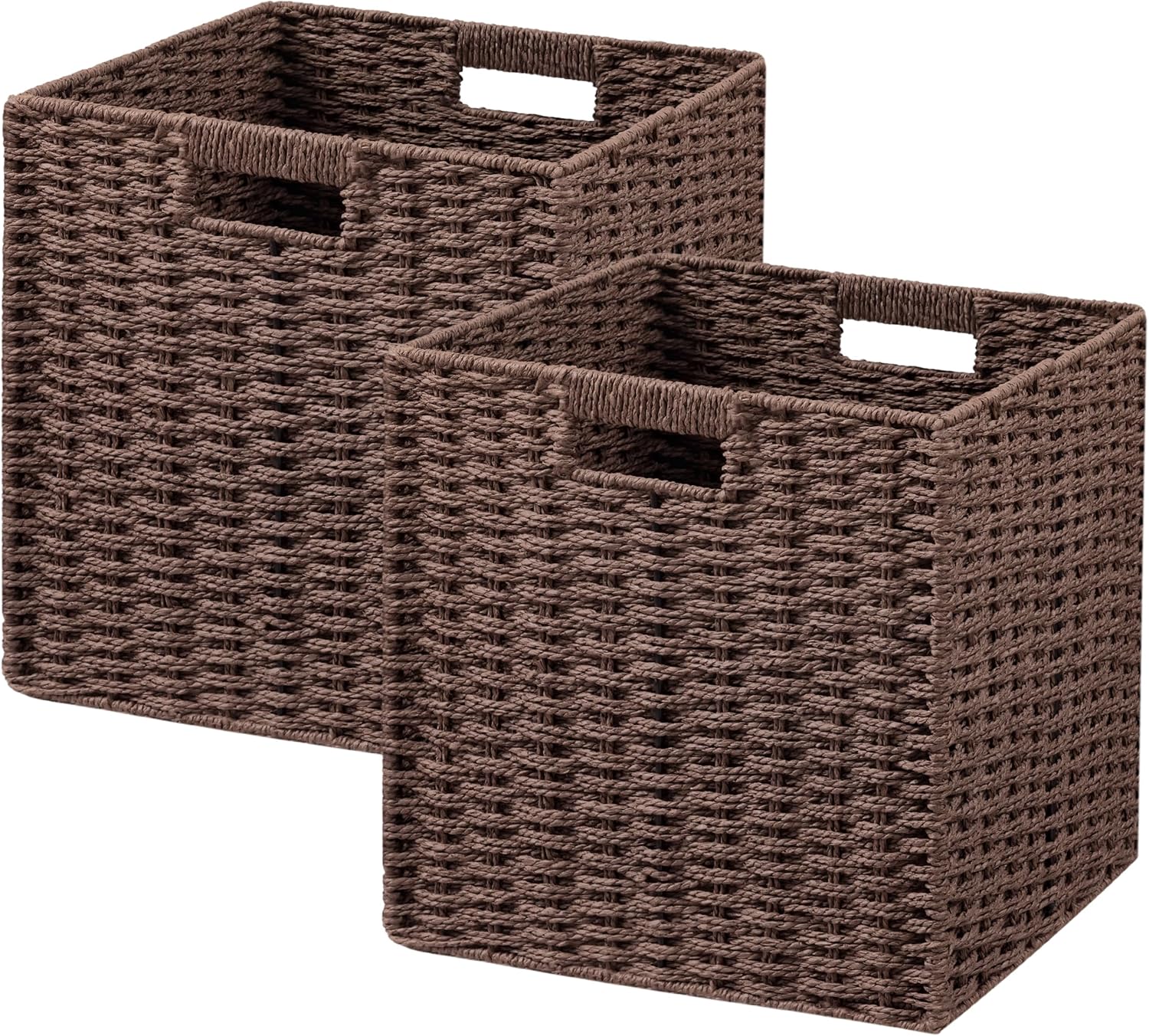 UBBCARE 2 Pack Wicker Basket, 11L×11H×10.5W inch Woven Paper Rope Storage Baskets for shelves, Foldable Cube Storage bin with Handle, Storage Basket for Organizing & Decor, Brown