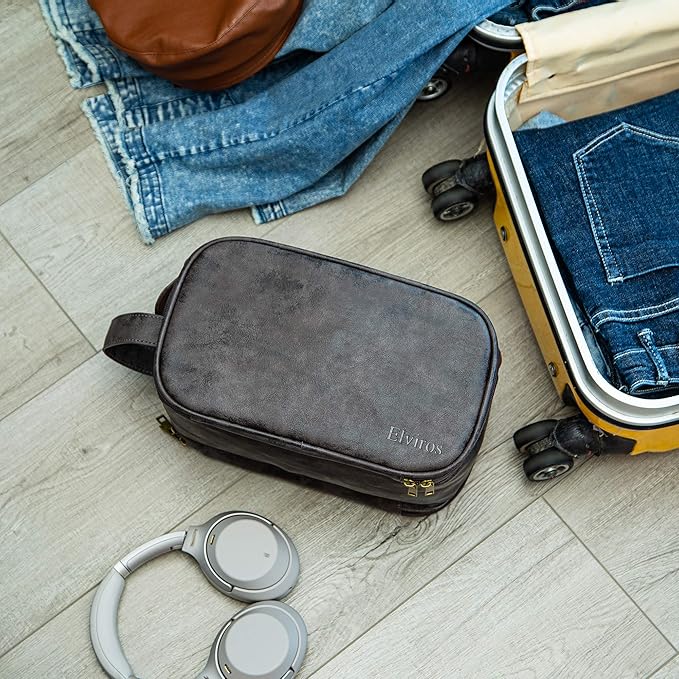 Elviros Toiletry Bag for Men, Large Travel Shaving Dopp Kit Water-resistant Bathroom Toiletries Organizer PU Leather Cosmetic Bags