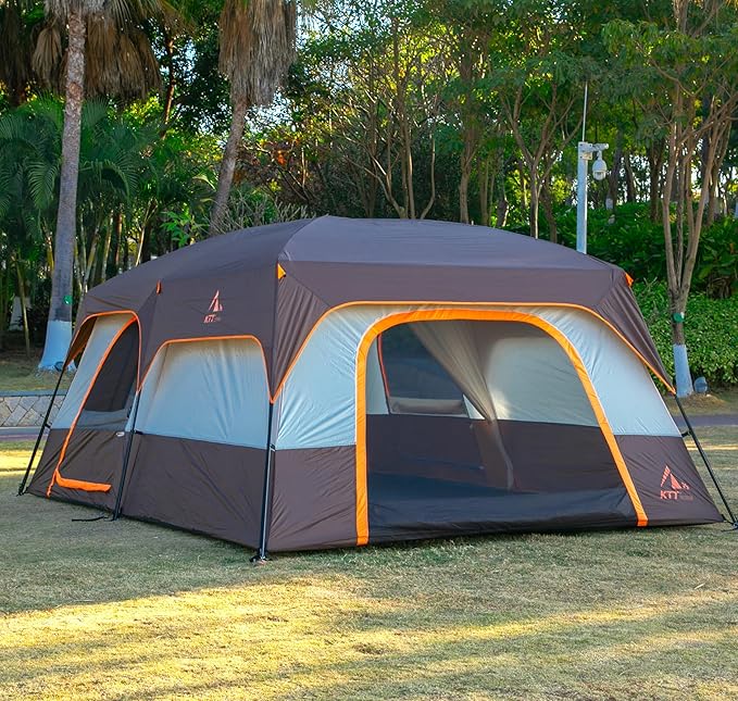 KTT Extra Large Tent 10-12-14 Person(B),Family Cabin Tents,2 Rooms,3 Doors and 3 Windows with Mesh,Straight Wall,Waterproof,Double Layer,Big Tent for Outdoor,Picnic,Camping,Family Gathering
