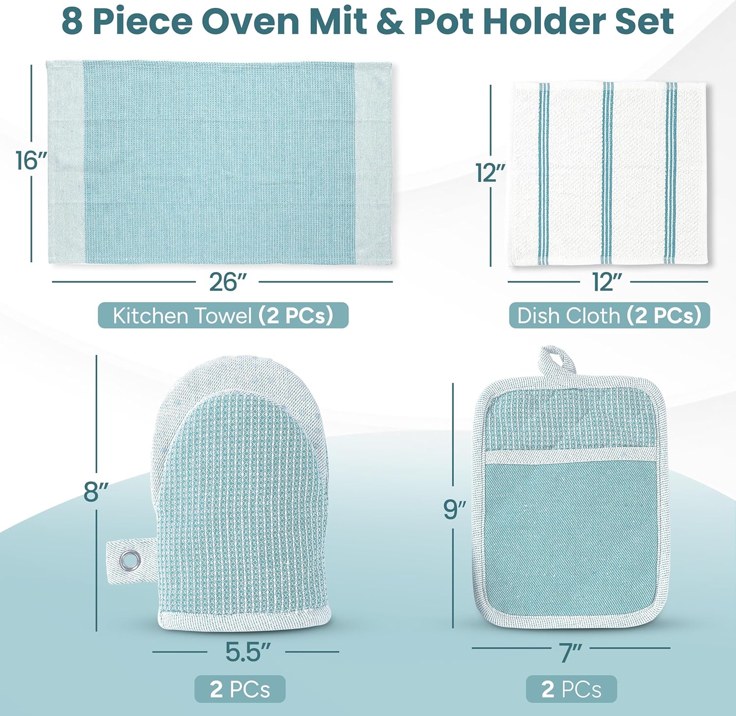 Casa Platino Oven Mitts and Pot Holders Sets, 8-Piece – 500°F Heat Resistant Mini Oven Mitts with Silicone Grip, Potholders for Kitchens, 2 Kitchen Towels & 2 Dish Cloths – Non-Slip & Durable – Aqua