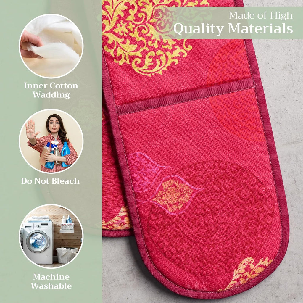 Maison d' Hermine Double Oven Mitts 100% Cotton 7"x35" Double Oven Mitt Heat Resistant BBQ Cooking Gloves with Loop, Baking, Grilling, Home, Kitchen, Handling Hot Pans (Versailles)