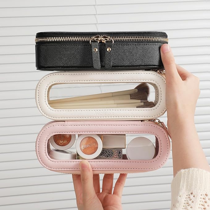 Aveniee Slim Clear Makeup Brush Bag, Small Cosmetic Brush Holder, Mini Toiletry Bag Travel Case for Women, Thin Make up Bags with Dual Zipper, Cute Travel Essentials Bag Organize - Black