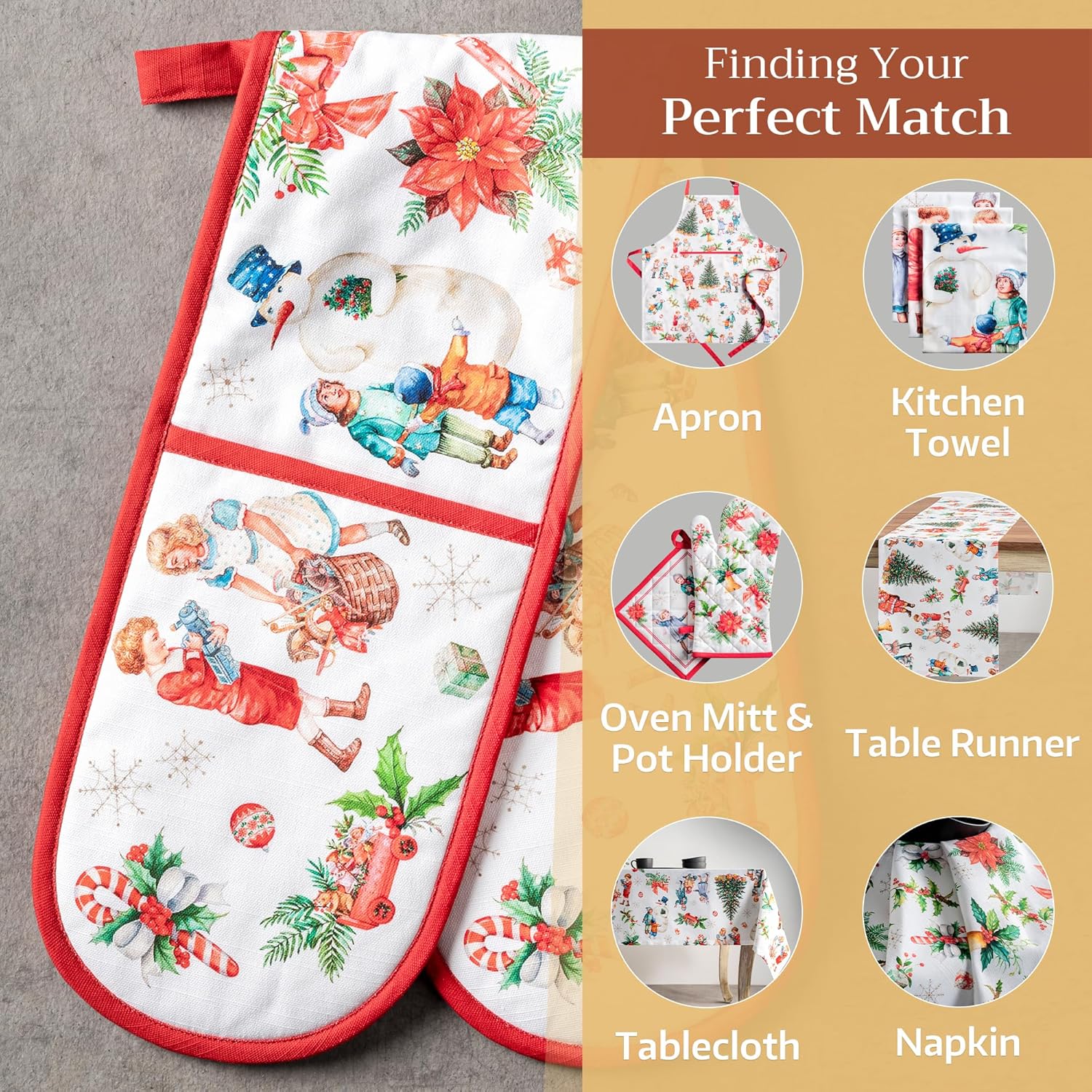 Maison d' Hermine Double Oven Mitts 100% Cotton 7"x35" Double Oven Mitt Heat Resistant BBQ Cooking Gloves with Loop, Baking, Grilling, Home, Kitchen, Handling Hot Pans (Chromo)