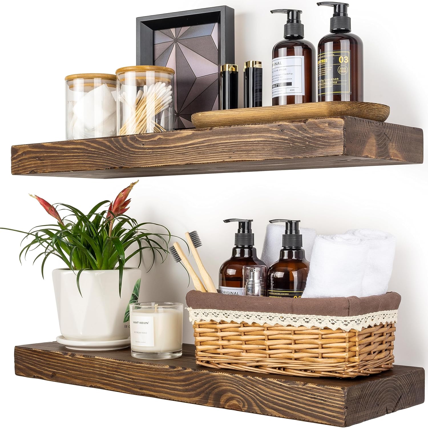 Distressed Floating Shelves 24 inch Long Set of 2,8 inch deep Solid Wood Wall Mounted Shelves for Living Room Kitchen,Book Shelf for Wall with Hidden Bracket- Distressed Black Walnut