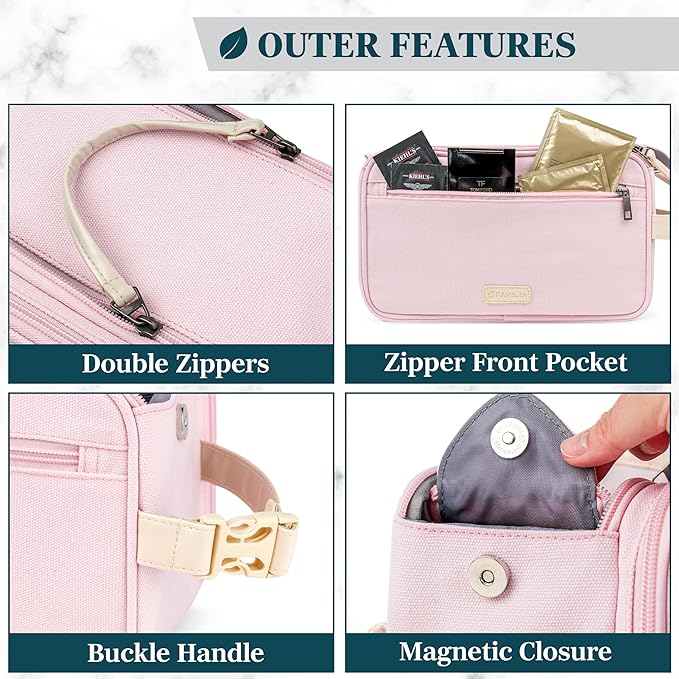 PAVILIA Toiletry Bag for Women, Canvas Travel Dopp Kit, Water Resistant Hygiene Bag Toiletries Organizer, Shaving Kit Travel Accessories Bag, Pink