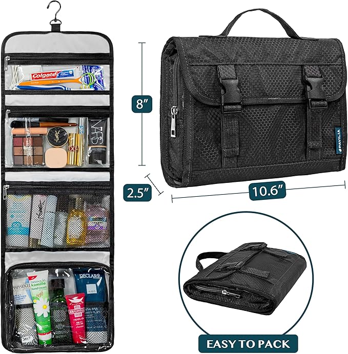 PAVILIA Travel Hanging Toiletry Bag for Women Men, Large Capacity Makeup Bag Kit, Waterproof Cosmetic Storage Organizer Case for Bathroom Shower, Black