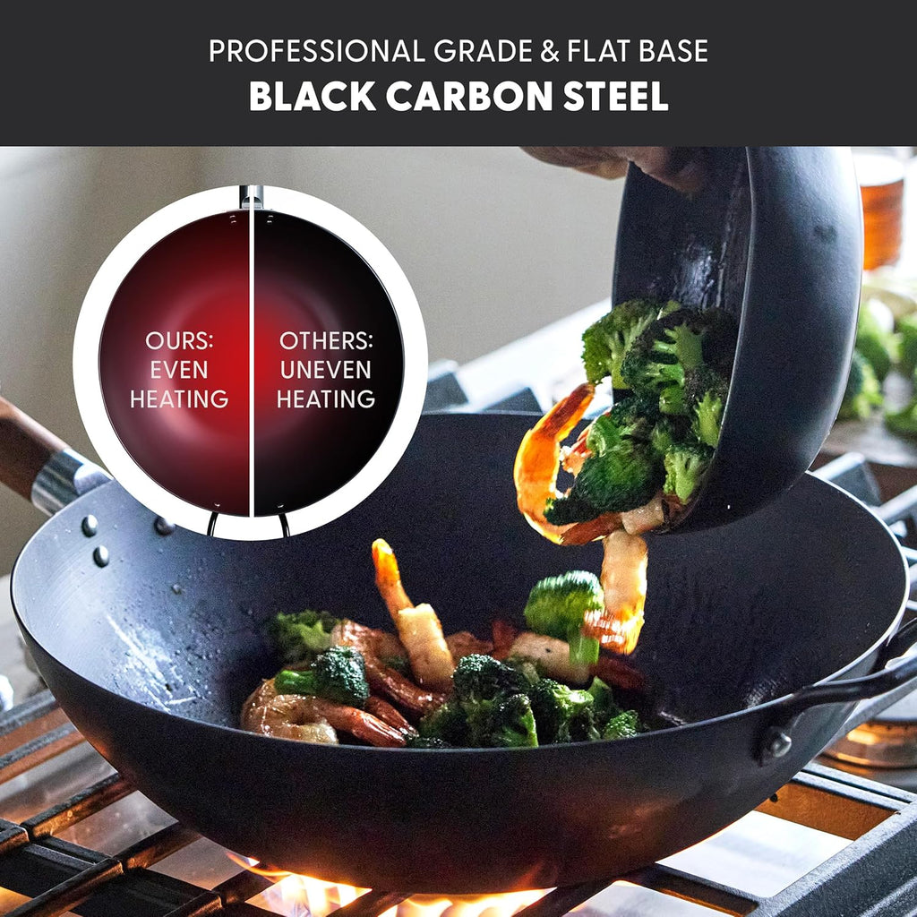 GreenPan Carbon Steel Wok 12”, Flat Bottom, Durable Stir-Fry Pan, Pre-Seasoned Nonstick Patina, High Heat Retention, Induction, Ash Wood Handle, Kyoto, Black