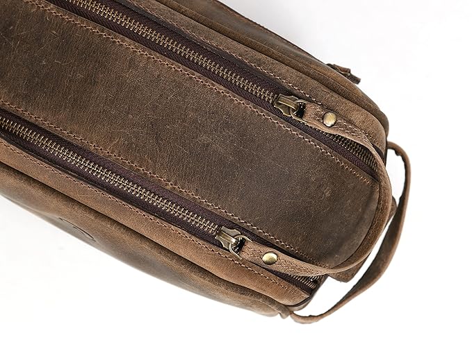 10" Premium Leather Toiletry Travel Pouch With Waterproof Lining | King-Size Handcrafted Vintage Dopp - Kit ~ Gift for Father's Day By Aaron Leather Goods (Brown)