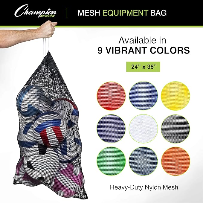 Champion Sports Mesh Equipment Bag – Heavy-Duty Nylon Drawstring Bag with Lock & ID Tag, Breathable Storage Sack for Balls, Swim Gear, Laundry & Toys, Multiple Sizes & Colors