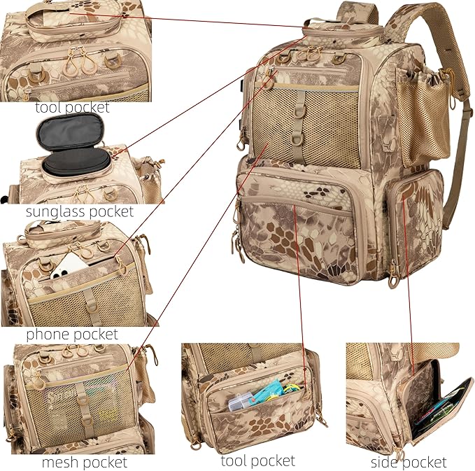 Rabjen Fishing Tackle Backpack with Rod Holders, Bottle Holder, Storage Bag Store Fishing Gear