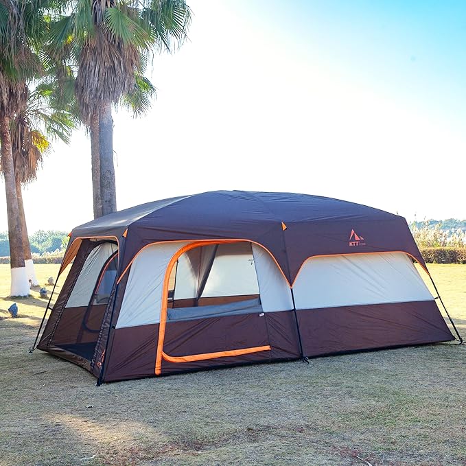 KTT Extra Large Tent 10-12-14 Person(A),Family Cabin Tents,2 Rooms,3 Doors and 3 Windows with Mesh,Straight Wall,Waterproof,Double Layer,Big Tent for Outdoor,Picnic,Camping,Family Gathering
