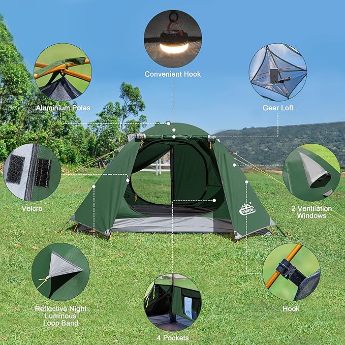 2-3 Person Tent - Waterproof Windproof 4 Season Tent for Backpacking, Hiking, Hunting, Motorcycling & Biking