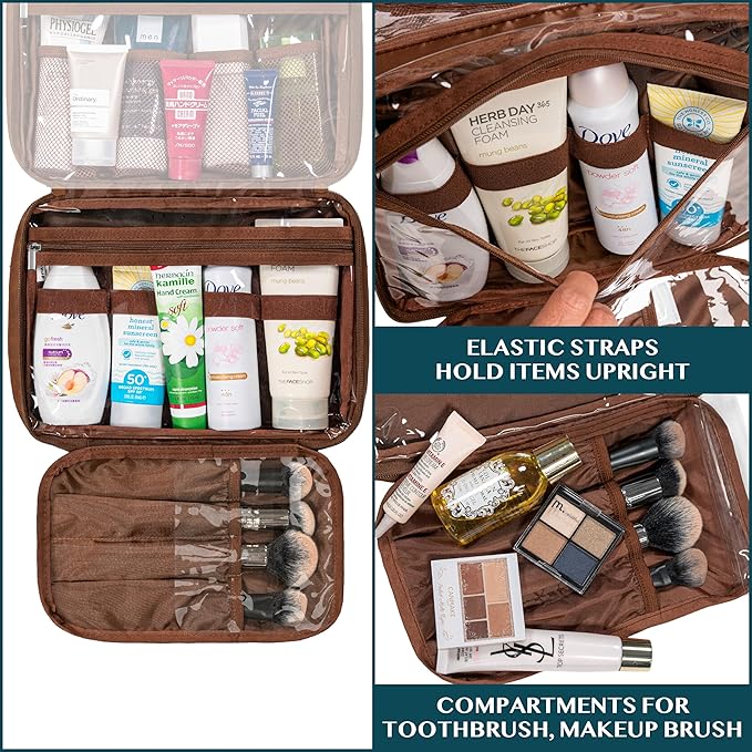 PAVILIA Hanging Toiletry Bag Women Men, Foldable Cosmetic Organizer Travel Bag, Water Resistant Makeup Bag Toiletries, Large Travel Essentials Kit (Brown)